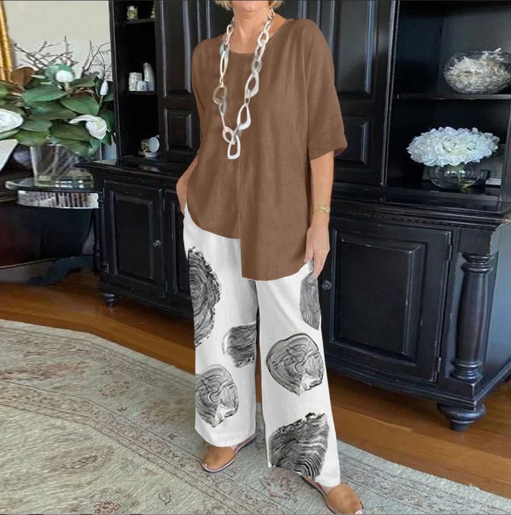 

New Cotton and Hemp Casual Fashion Solid Color Top Printed Elastic Waist Wide Leg Pants Two Piece Set Summer Women's Set 2025