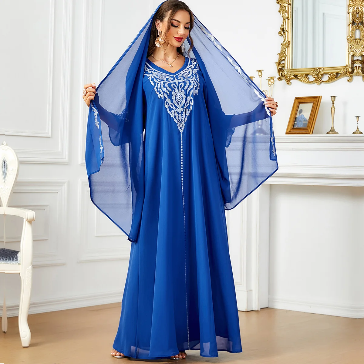 Arabisch geborduurd gewaad met sjaal moslim midden-oosten kostuum abaya elegante mode dubai lange jurk moslim vrouwen jurk vestido