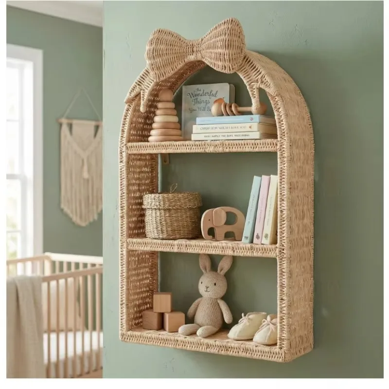 3-Tier Woven Rattan Wall Mount Rack, Bowknot Design Floating Shelf, Bohemian Home Wall Storage Organizer