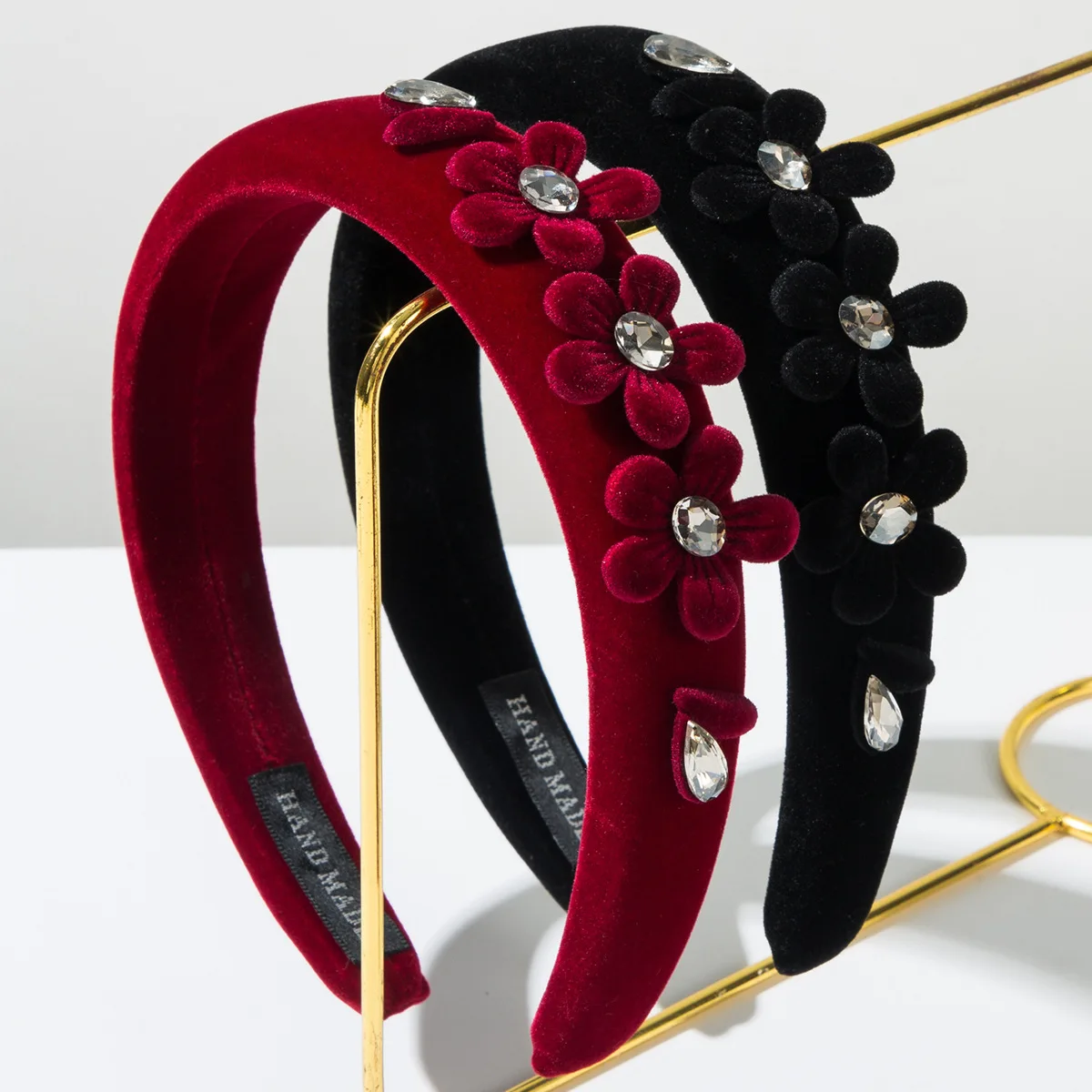 

Vintage Red Velvet Floral Headband Crystal Beaded Hairband Retro Padded Headpiece Winter Party Hair Accessories For Women