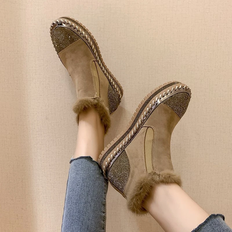 Warm Real Mink Fur Shoes Women Luxury Crystal Hand Stitching Leather Winter Large Size High Platform Shoes Slip-on