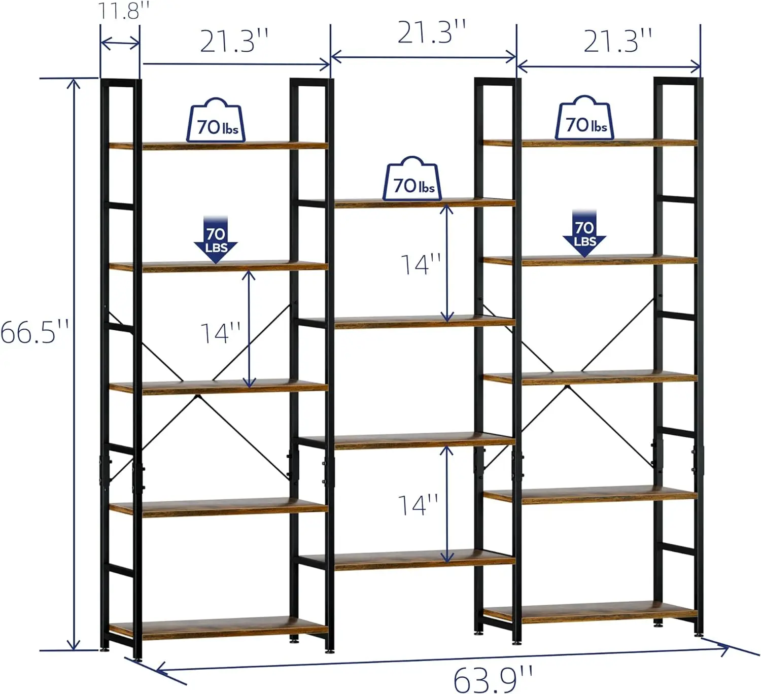 NUMENN Triple Wide 5 Tier Bookshelf, Rustic Industrial Style Bookcases with 14 Open Display Shelves, Modern Tall Bookcase