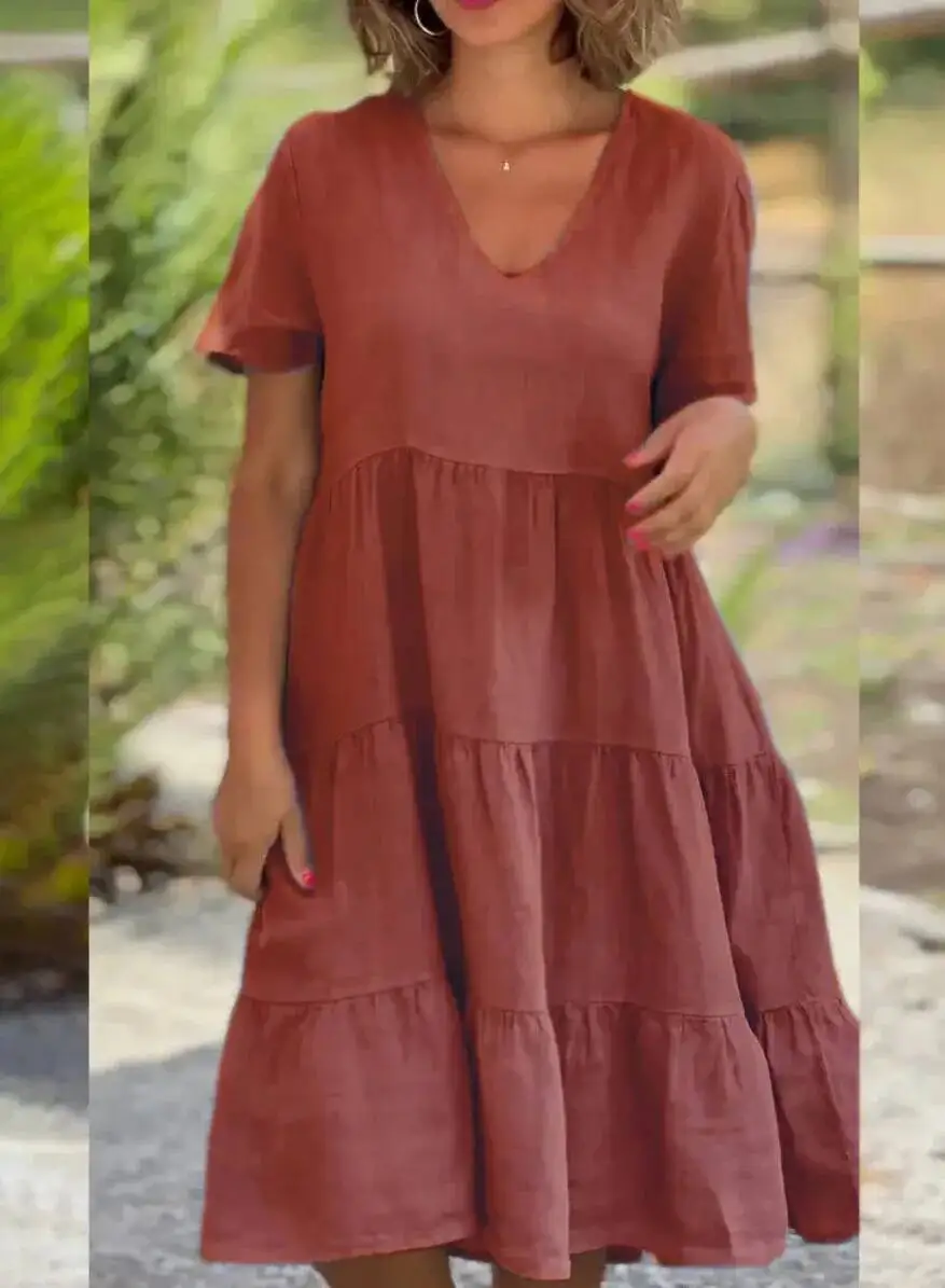 Robes décontractées en coton et lin pour femmes, collection Printemps/Été 2026, manches courtes, col en V uni, coupe ample et évasée, tailles S-3XL, ONO7