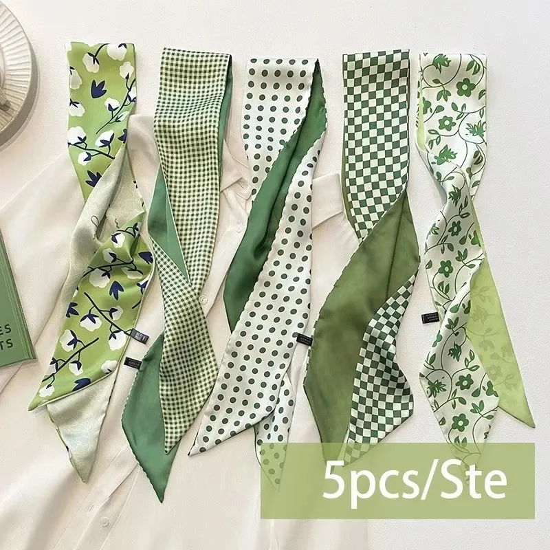 5pcs/set Series Silk Satin Scarf Women Cloth Hair Bands Headdress Accessories Lady Scarves Ribbon Neck Ties for Bag Handle