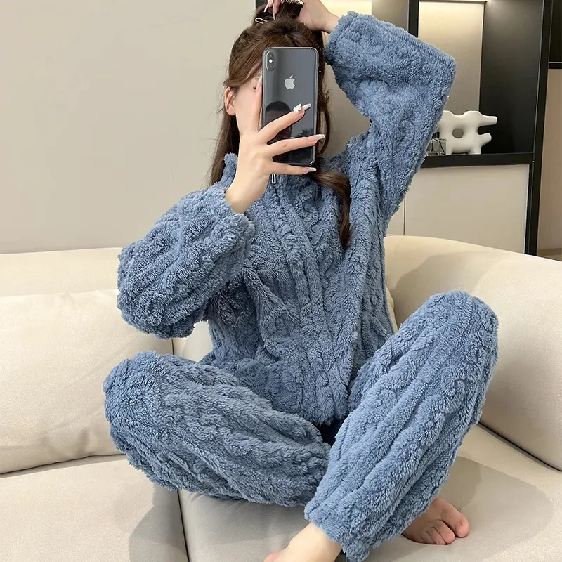 Autumn Winter Pajamas Set Women Coral Velvet Coat 2023 New Outfit Solid Color Flannel Padded Home Service Suit Female Jacket Top