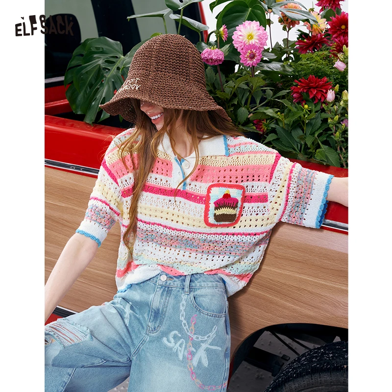 

ELFSACK Women's Sweet Colorful Striped Knit Top, Crochet Cake Pocket Openwork Polo T-Shirt, Cute Summer Short Sleeve Knitwear