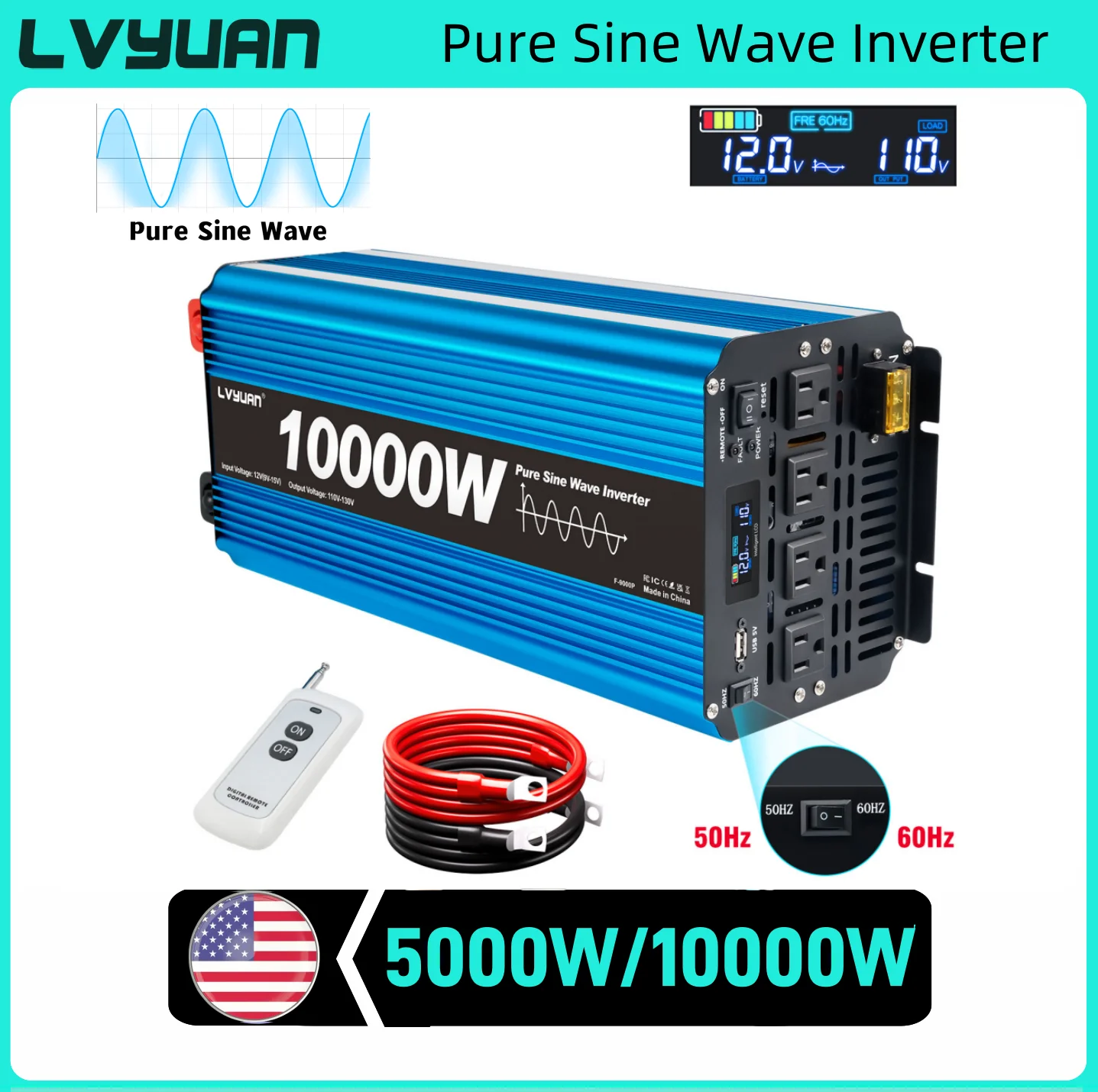 5000W/10000W Inverter DC12V to AC110V Pure Sine Wave Power Inverter For Refrigerator/Air Condition/Washing Machine LCD display