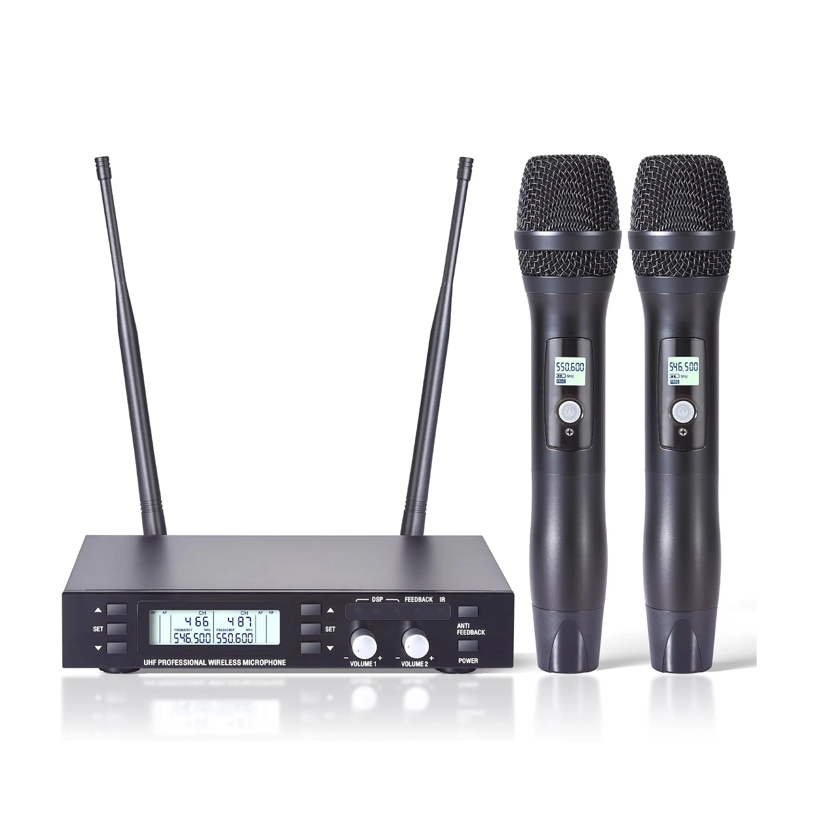 

Professional 2-Channel UHF Cordless Dynamic Handheld Mic XLR Connector For Home Karaoke Church Weddings DJ Events