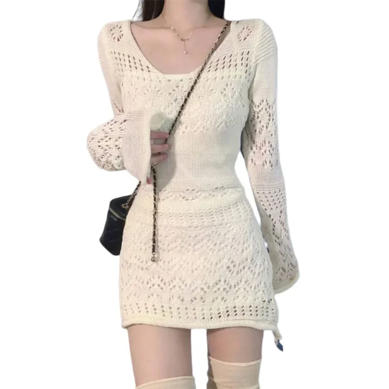 Spring New French Hollow Knitted Full Body Dresses for Women Korean Fashion Elegant Mini Dress Y2k Clothes Summer Dress