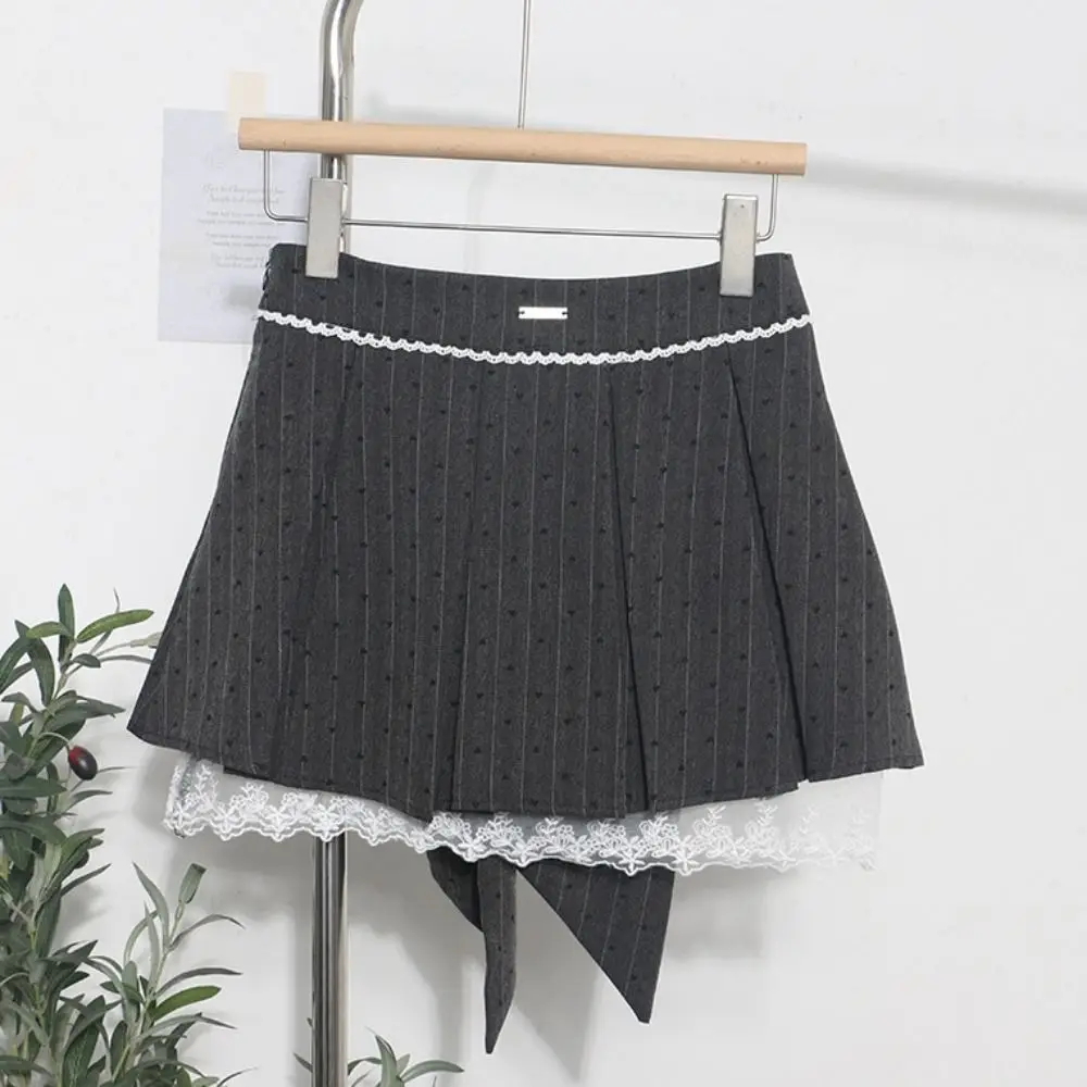 แฟชั่นหัวใจลูกไม้จีบกระโปรงจุดหวานกระโปรงสั้นผู้หญิงขนาดใหญ่โบว์ความปลอดภัยกางเกง A-Line กระโปรงมินิปาร์ตี้