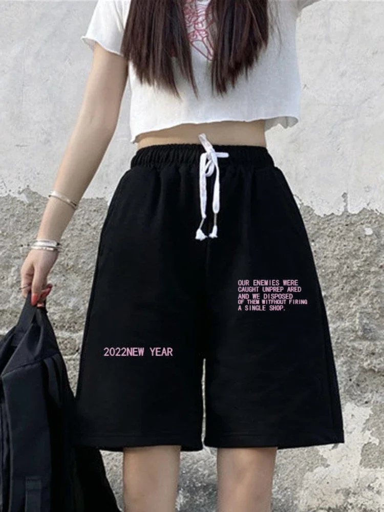 Black Women Shorts Summer 2025 High Waist Casual Printed Knee Length Pants Female