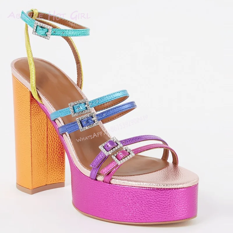 Rainbow Purple Buckle Striped Platform Sandals Chunky Heel Open Summer Girls Cute Buckle Sugarbaby Hollow Fuchsia Shoe Hot Chick