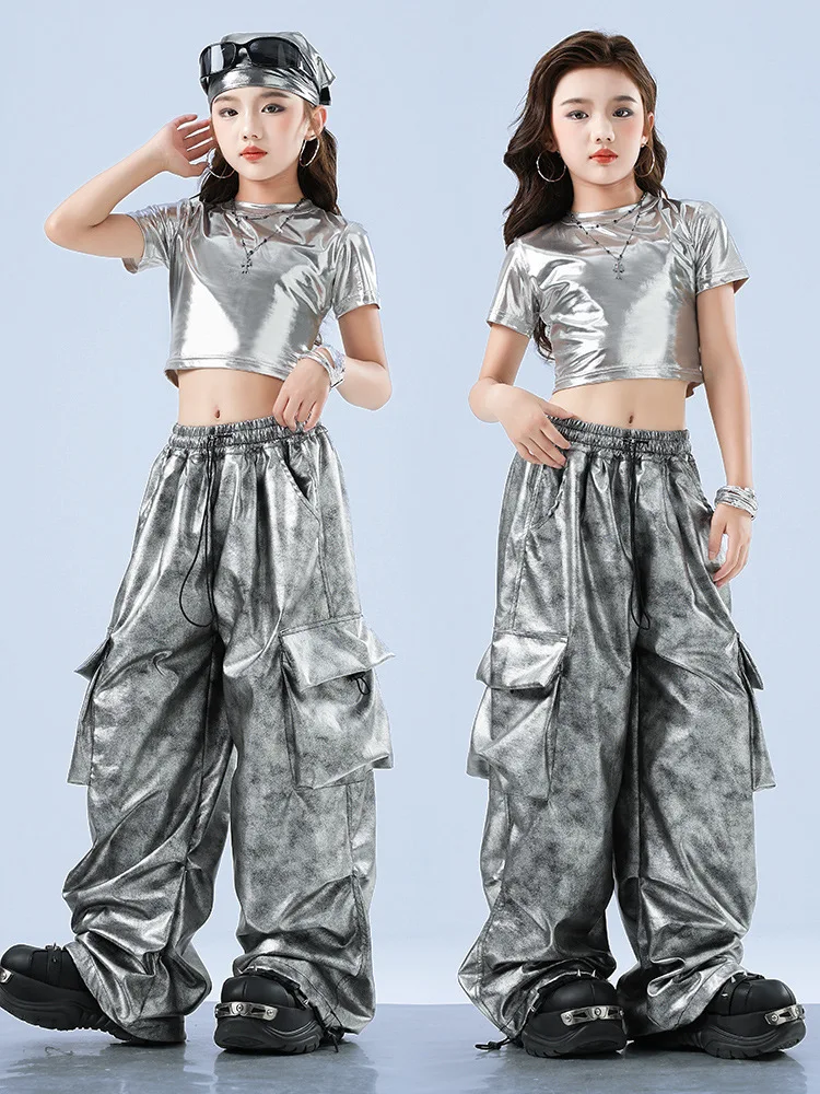 Trendy Jazz Dance Outfit Girls Shiny Sequins Leather Pants Performance Gear