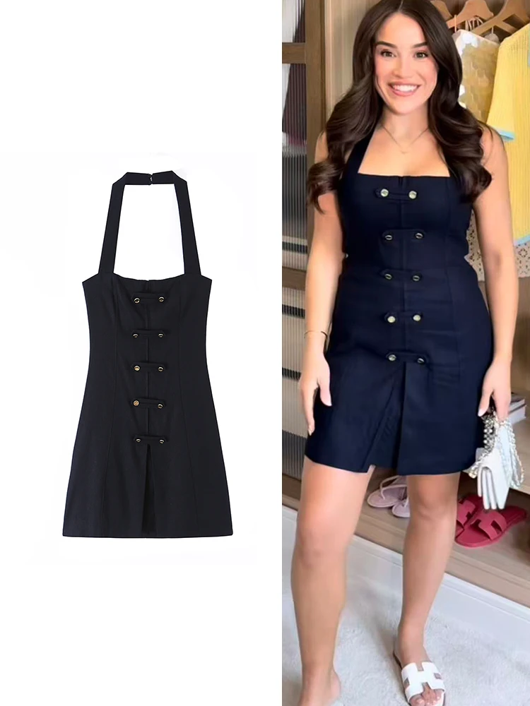 TFMLN Damen Schwarzes Neckholder-Kleid Elegantes Ärmelloses Party-Minikleid Modisches Doppelreihiges Dekor A-Linien-Röcke Schlank Schlicht
