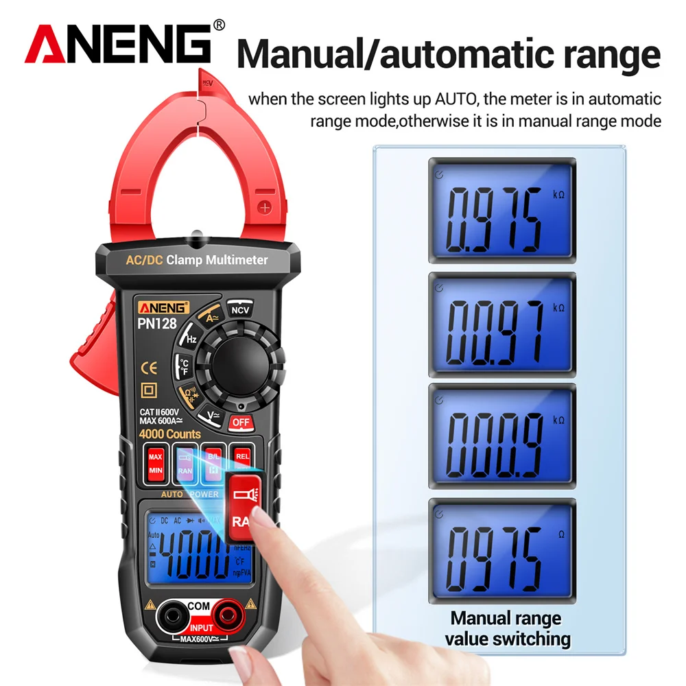Aneng ตัวหนีบ PN128มัลติมิเตอร์แบบดิจิทัล4000นับเครื่องมือทดสอบโอห์มกระแสไฟฟ้าหน้าจอ LCD True RMS ความแม่นยำสูงสำหรับช่างไฟฟ้า