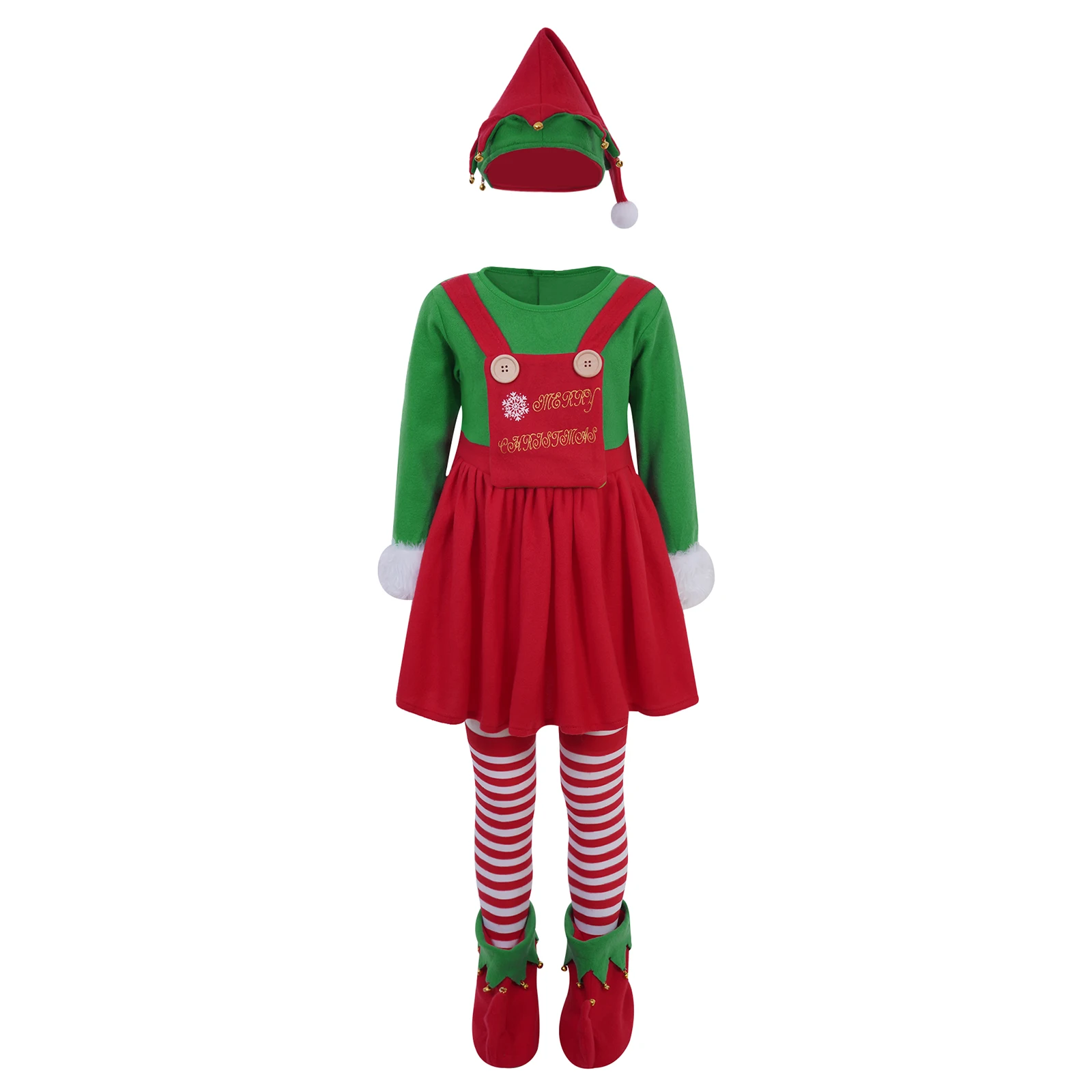 Natal Elf in Charge Traje para meninas, bonito Elf Cosplay, vestido com chapéu, sapatos cobrir, meias listras, roupas infantis, 4pcs