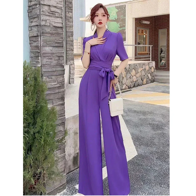 Jumpsuits Summer New High end Jumpsuit Women\'s Elegant Solid Color High Waist Slim Lace up Wide Leg Dropping Bodysuit Women Sets