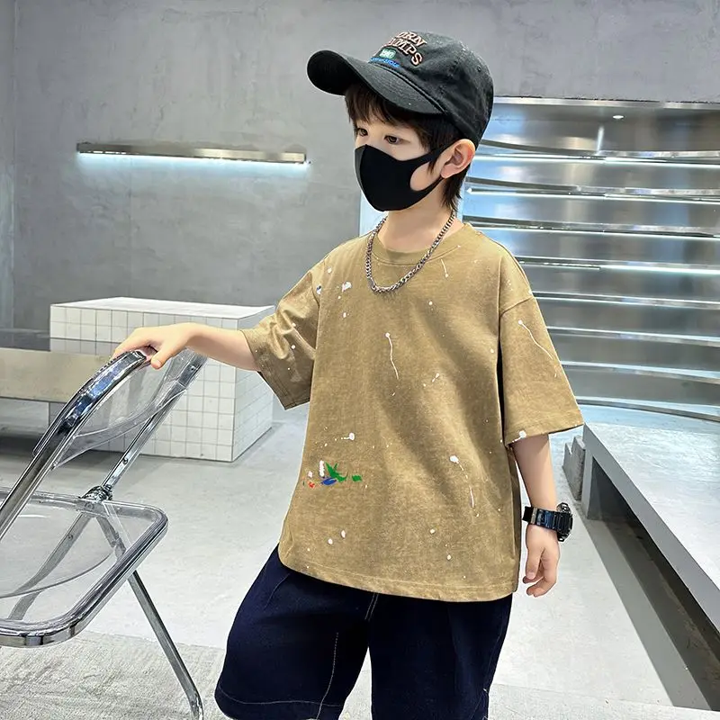Boys' Streetwear T-Shirt 2026 Summer Pure Cotton Casual Loose Fitting Outdoor Youthful Fashion T Shirt