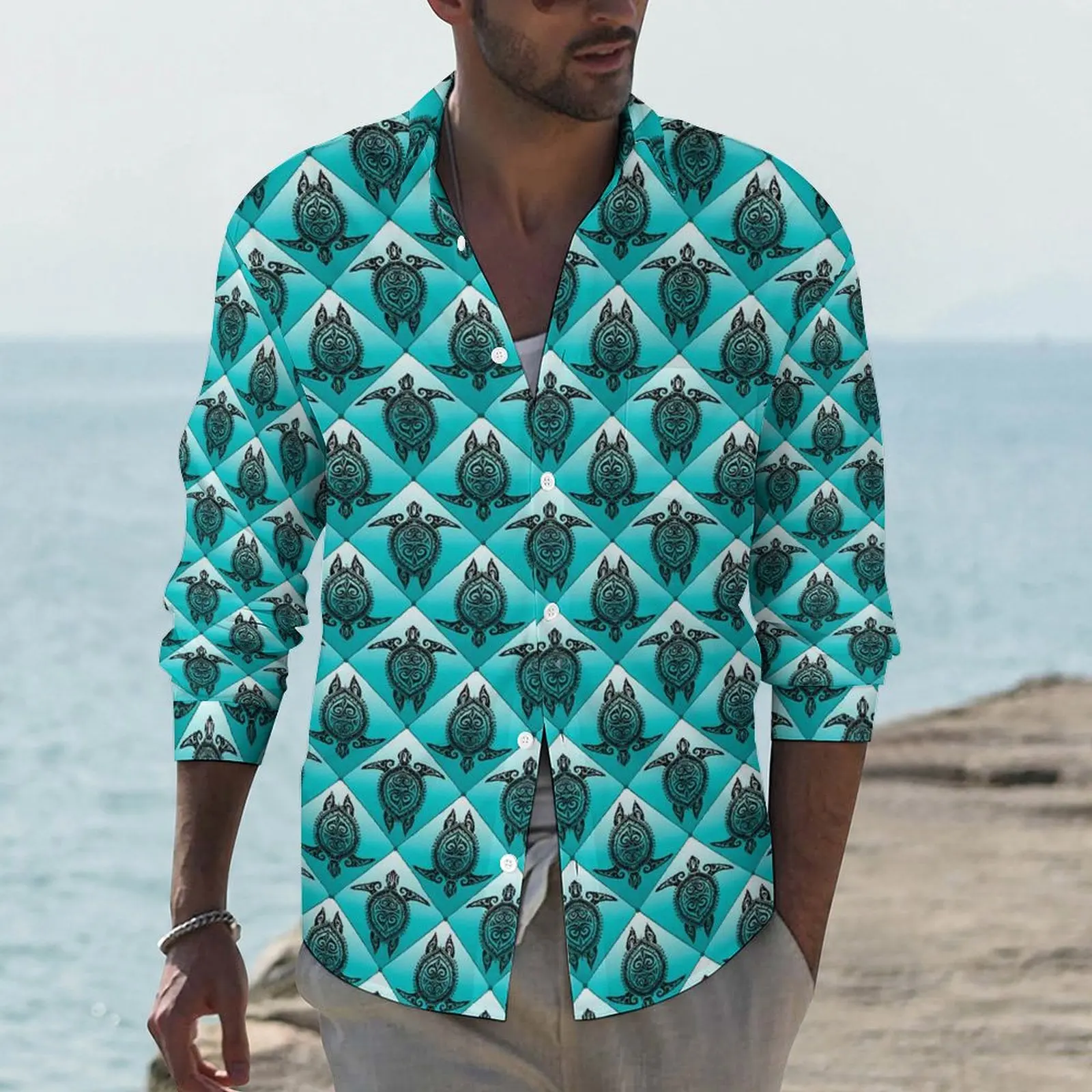 Sea Turtles Shirt Men Blue Animal Casual Shirts Autumn Funny Graphic Blouses Long Sleeve Fashion Oversize Clothing Gift