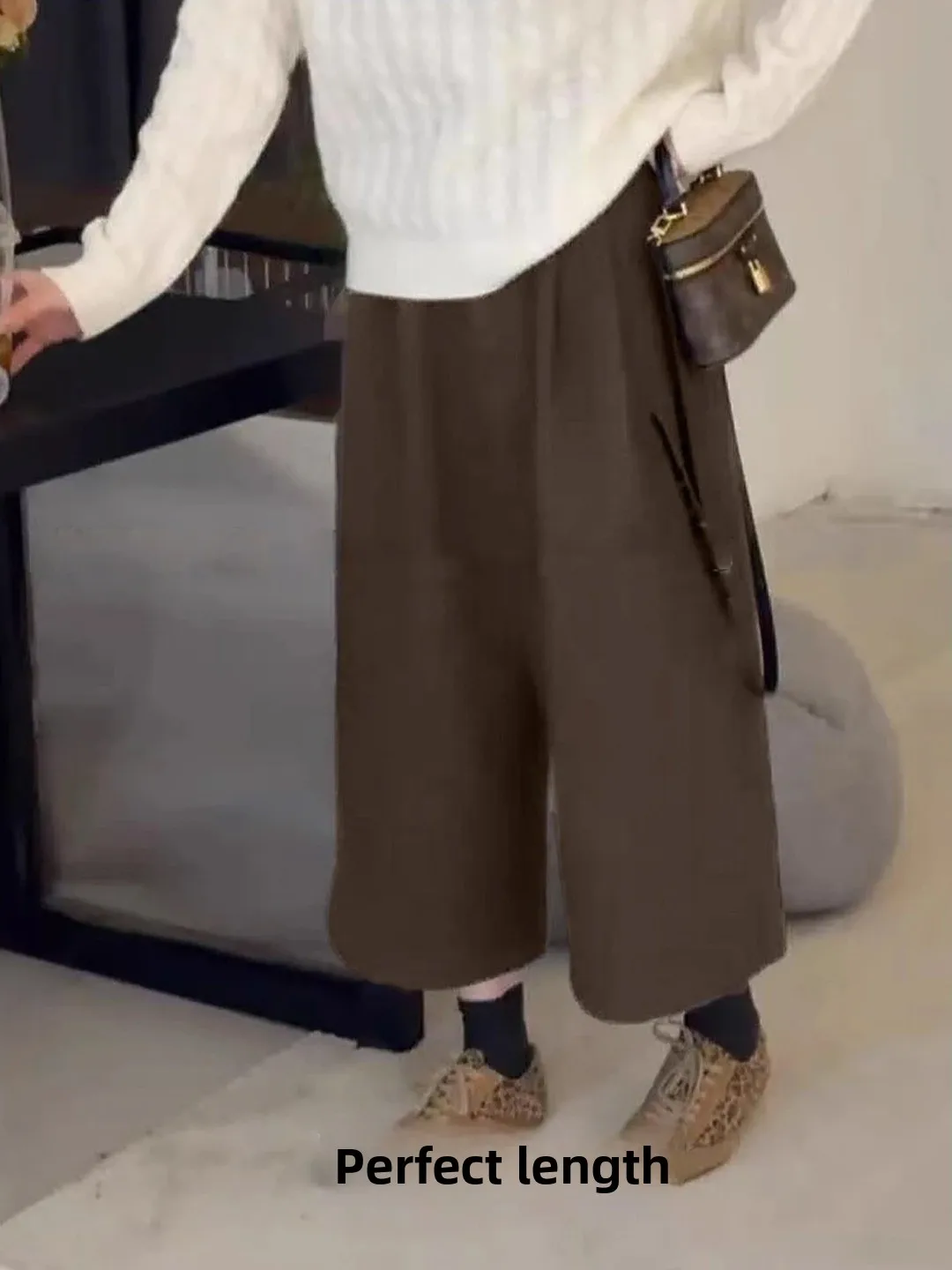 グレーウールワイドレッグパンツ秋冬厚手ルーズスリムナインポイントパンツハイウエストストレートチューブカジュアルパンツ