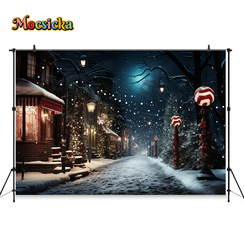 Winter Christmas Background Candy Cane Town Street Snowflakes Lights Xmas Tree Decoration Backdrop Kids Night Studio Photozone