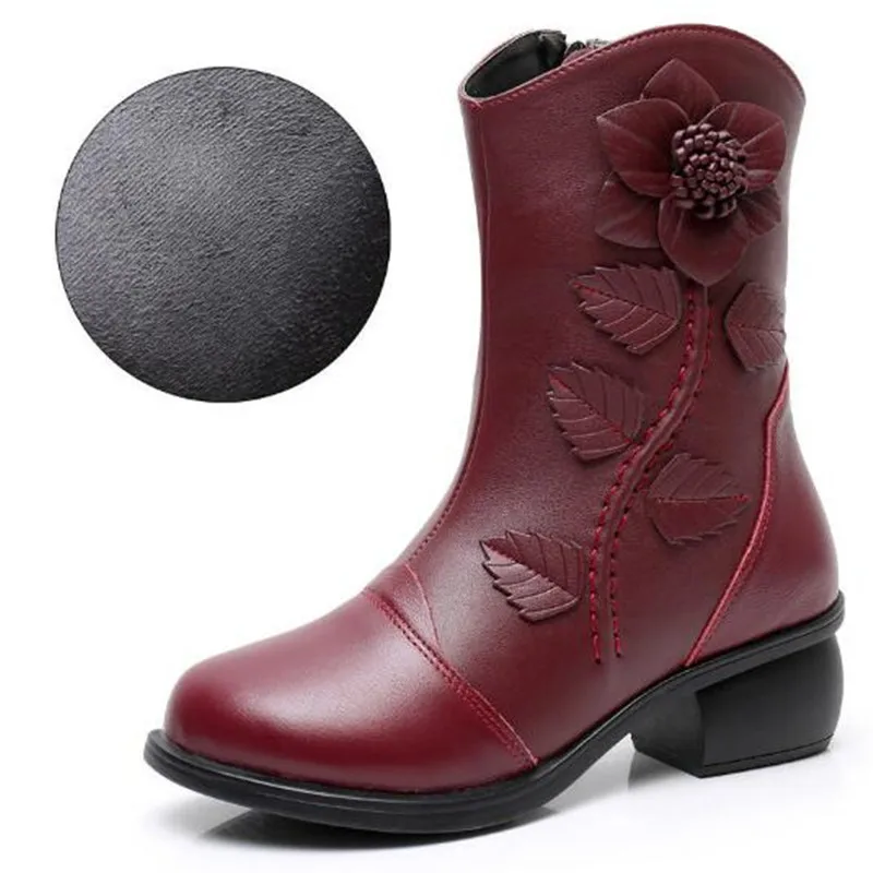 الفاخرة النساء أحذية امرأة اليدوية خمر جلد طبيعي أحذية بكعب منخفض جولة تو جودة عالية الشتاء موضة منتصف العجل الأحذية #6