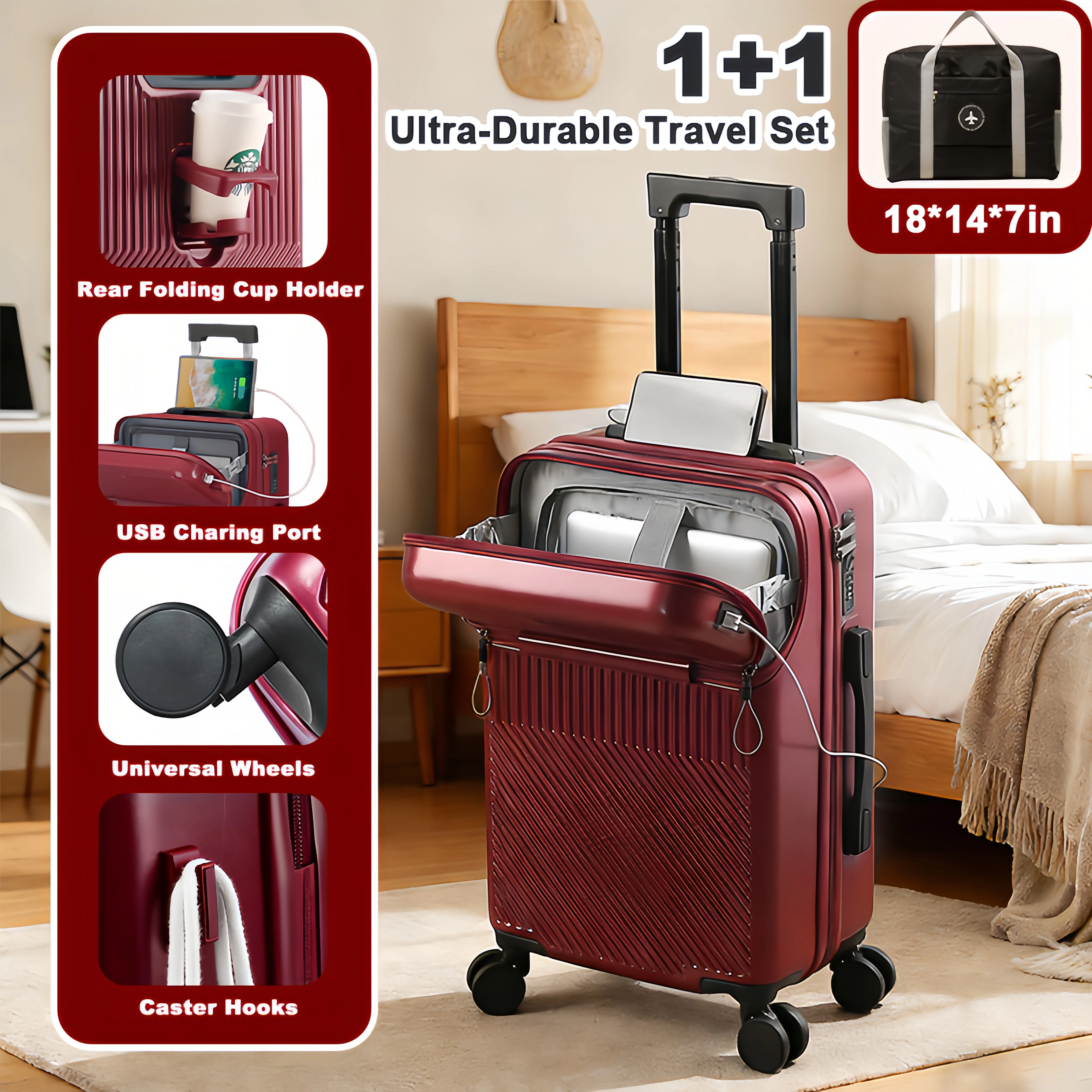 20in carry on luggage+luggage Bag Set, with cup holder and charger, with 360°Spinner Wheels TSA Lock and Adjustable Telescopic Handle Durable Travel Suitcases, Hardshell Luggage with Wheels, Vacation Packing, Travel Luggage Set