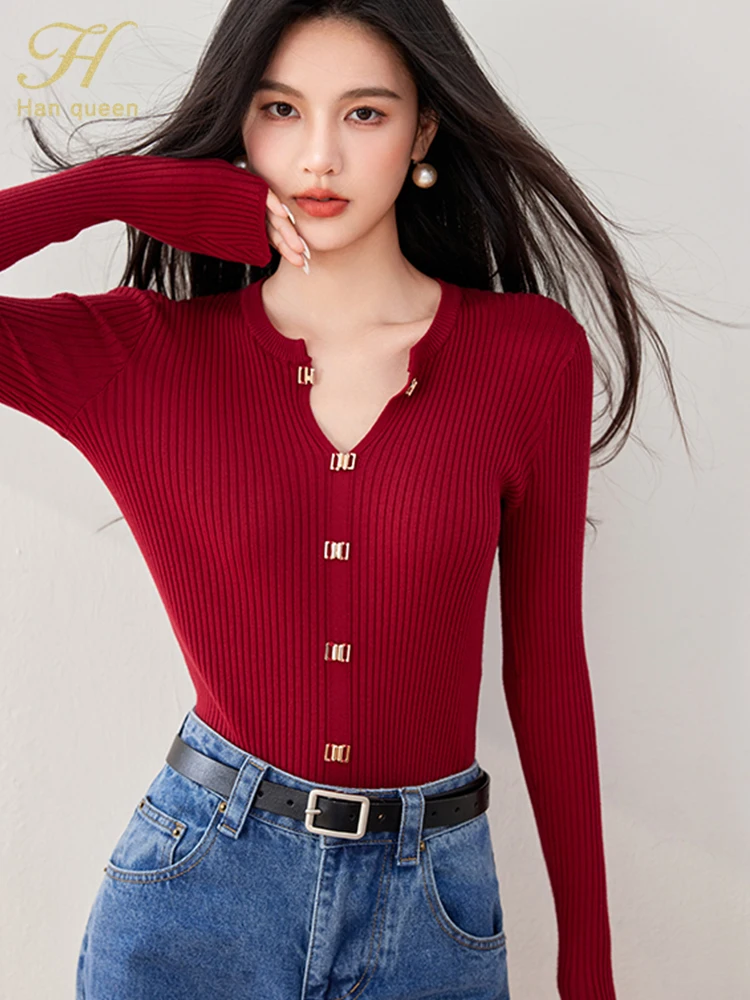 H Han Queen 2024 Autumn Winner Fashion Knit Pullover Sweater Womens Vintage Casual Tops Chic Basic Long Sleeve Knitted Sweaters