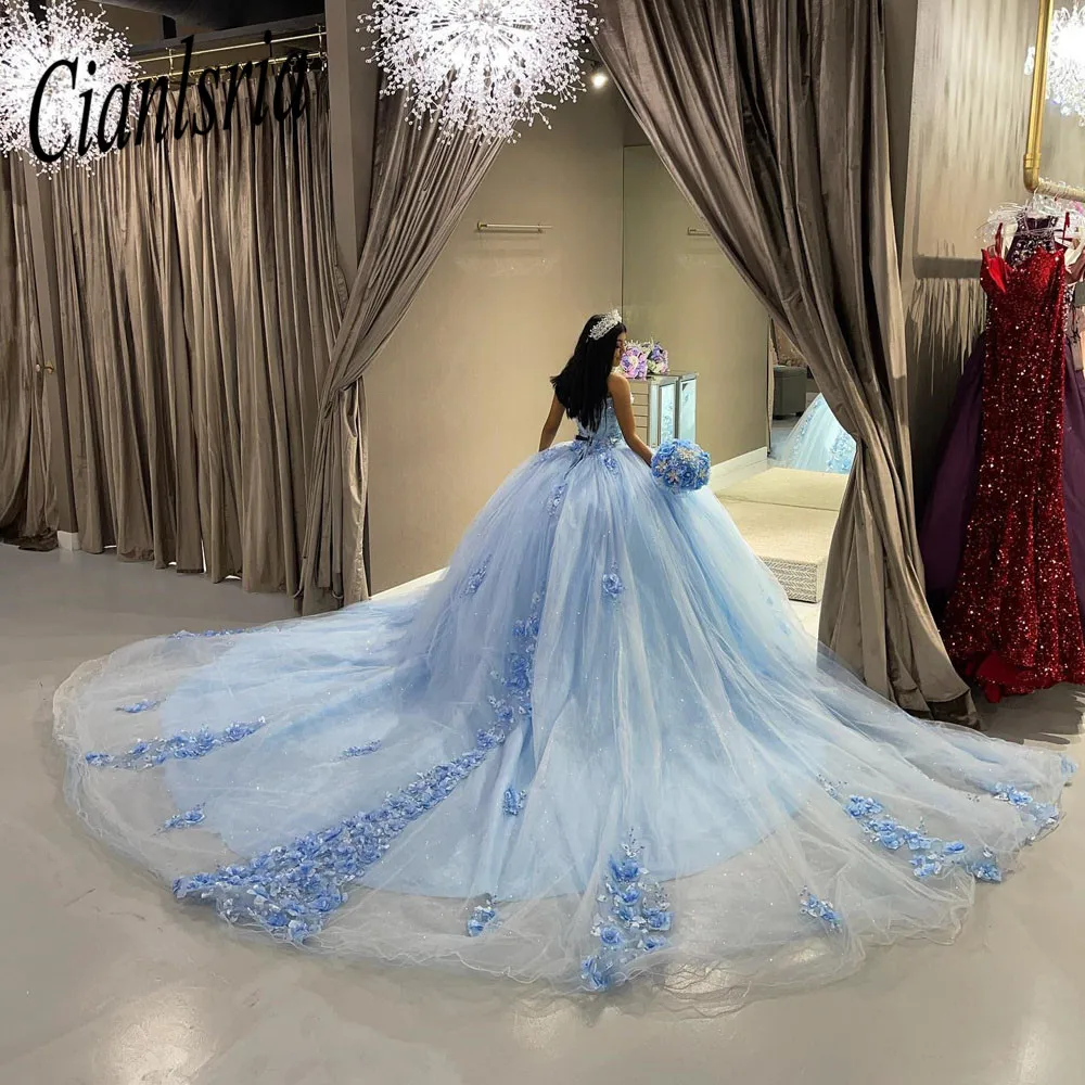 Céu azul flores artesanais vestido de baile quinceanera vestidos fora do ombro apliques de renda 15 16 anos