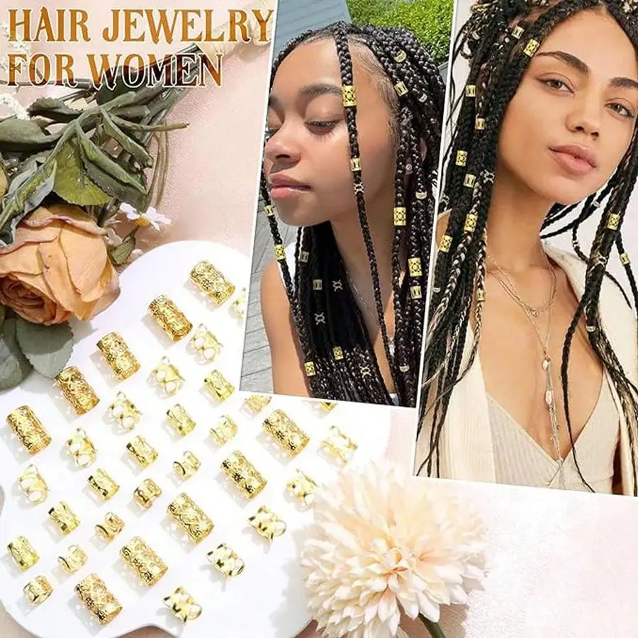 40PCS Legierung Haar Schmuck Haar Manschetten Für Zöpfe Metall Dreadlock Perlen Haar Manschetten Ringe Multi Stil Zöpfe Zubehör