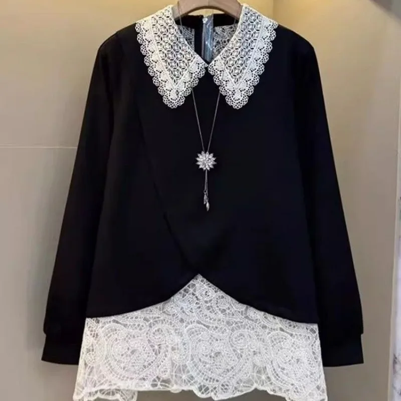 

Новый корейский стиль с лацканами, темпераментный кружевной топ, свободный утягивающий топ с длинными рукавами