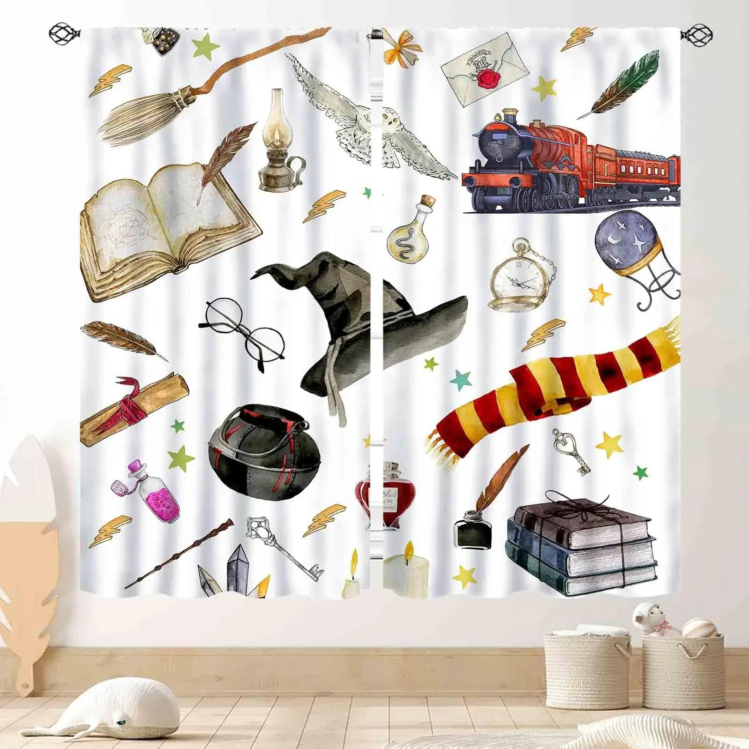 Magical Wizard Curtains, Magic Witch Mysterious Gothic Spooky Horror Book Hat Owl Kids Boys Girls Window Drapery Treatments for