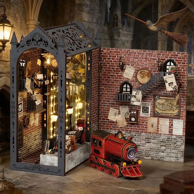 DIY Book Nook Kit Magic Train Alley Wooden Bookend with LED Light Miniature House Book Shelf Insert Bookcase Decor Craft Gift