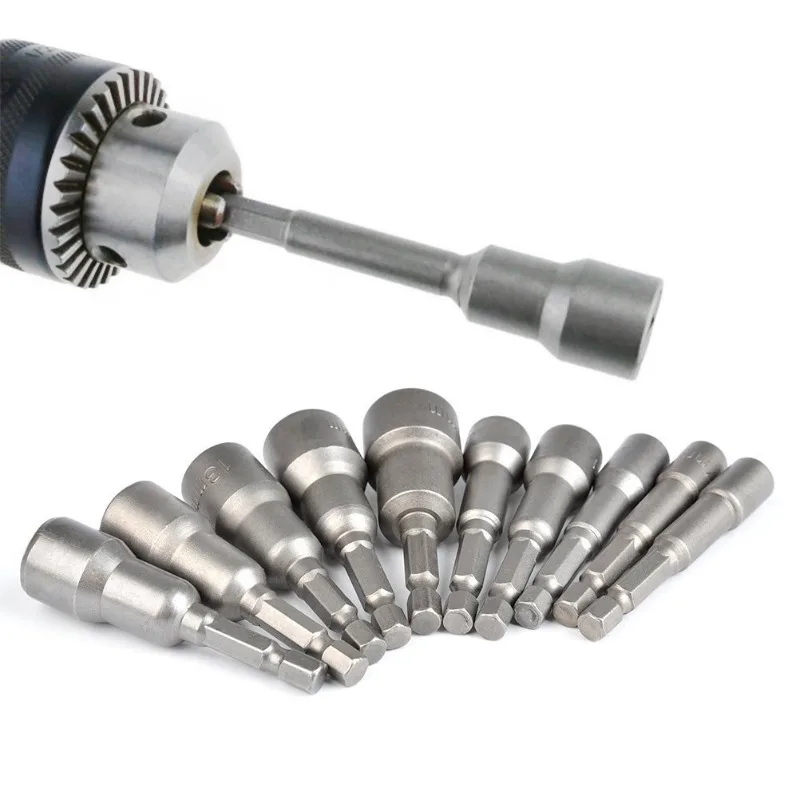 

10pcs 65mm Length Deepen Power Nut Driver Drill Bit 6-19MM Impact Socket Adapter For Power Tools 6.35MM Hex Shank