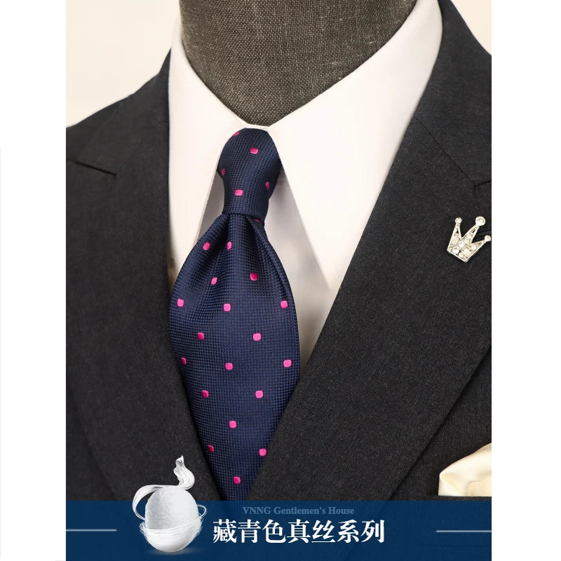 High Quality Navy Blue Polka Dot 100% Silk Tie For Men's Business Banquet Shirt Accessories 8CM Wide Handmade Knotted Silk Tie