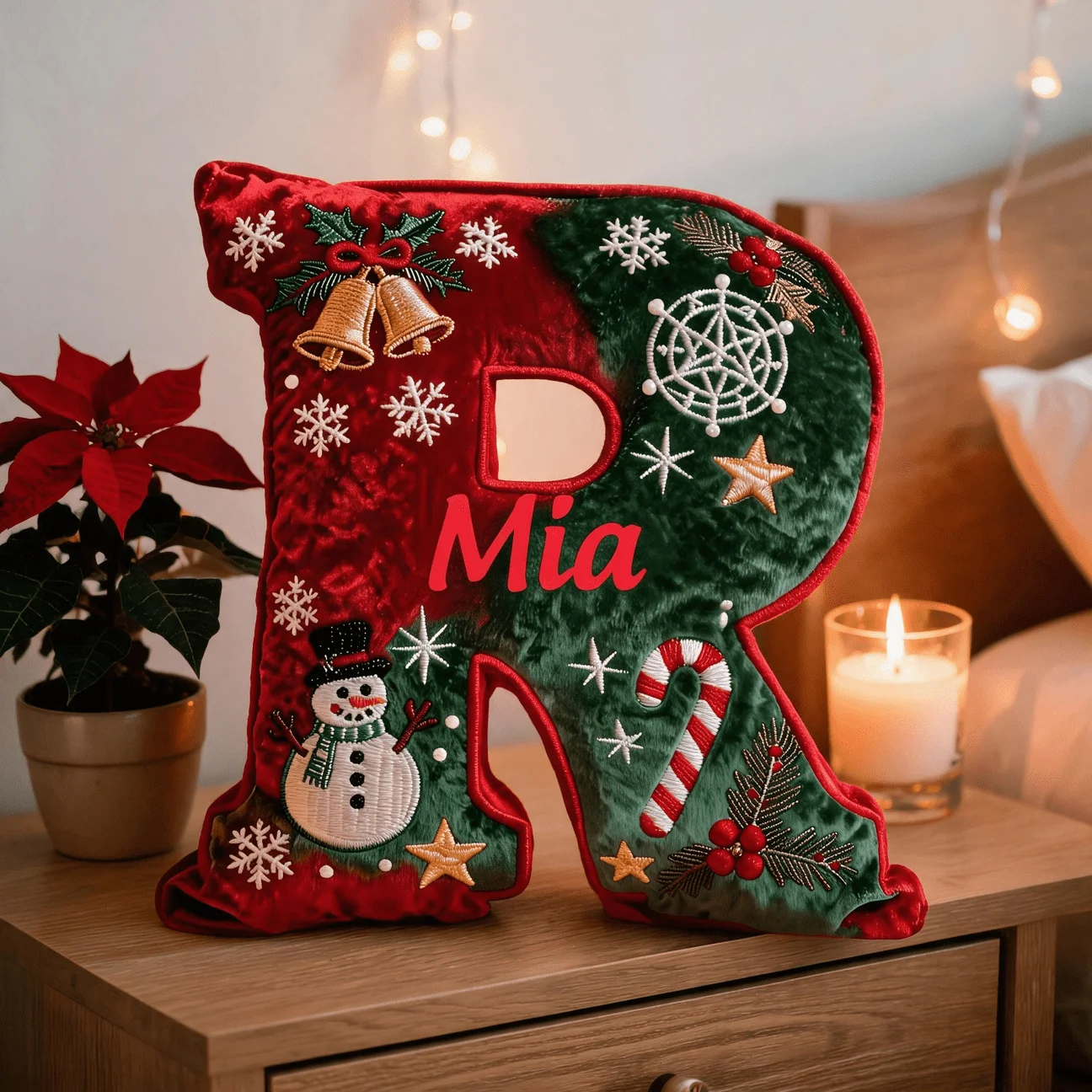 Custom Photo Letter R Shaped Pillow Red Green Christmas Decorate Cushion Personalized Name Text Gift for Kids Adult Sofa Bedroom