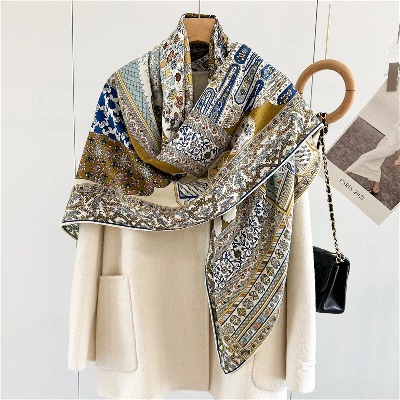 Double Printing Cashmere Silk Wool Scarf Women Large Hand-rolled Edges Shawls Pashmina Winter Accessories Scarves Stole Ponch