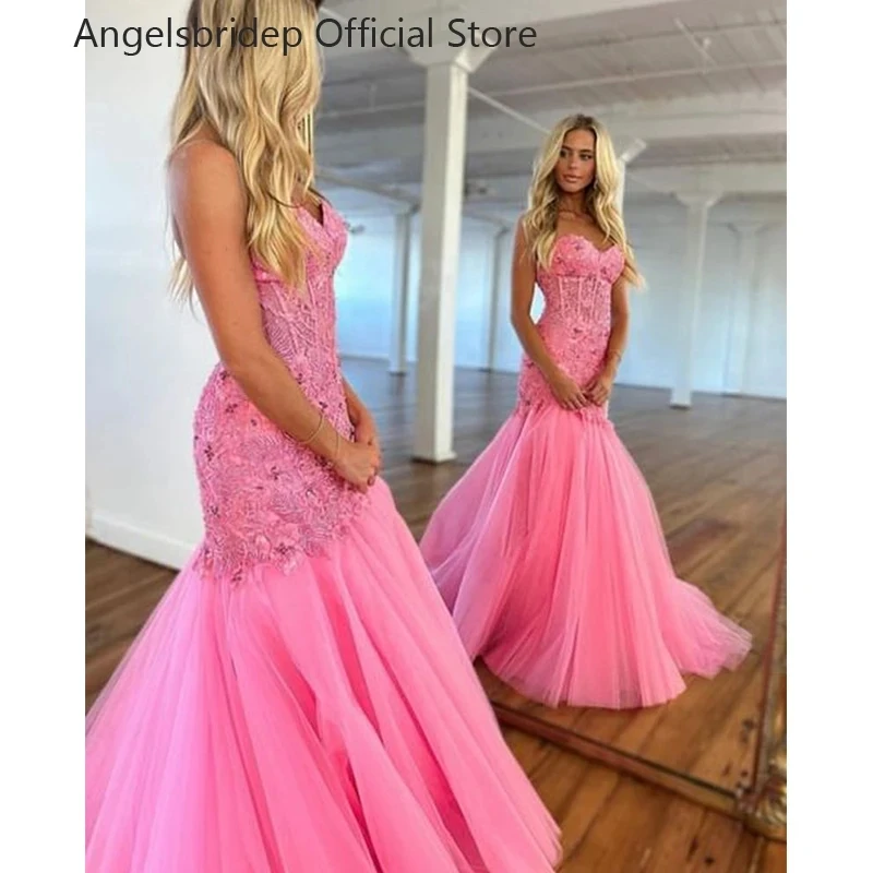

Angelsbridep Tulle Prom Dresses Pink Lace Appliques Mermaid Evening Gowns Sweetheart Party Dress Vestidos De Ocasión Formales