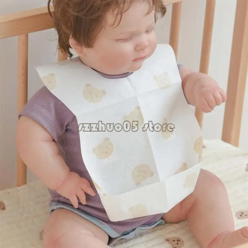 

M3GE 50-Pack Disposable Bibs for Babies Aged 6 Months to 2 Years Cartoon Bear Feeding Bib for Boy Girl Non-woven Drool Towel