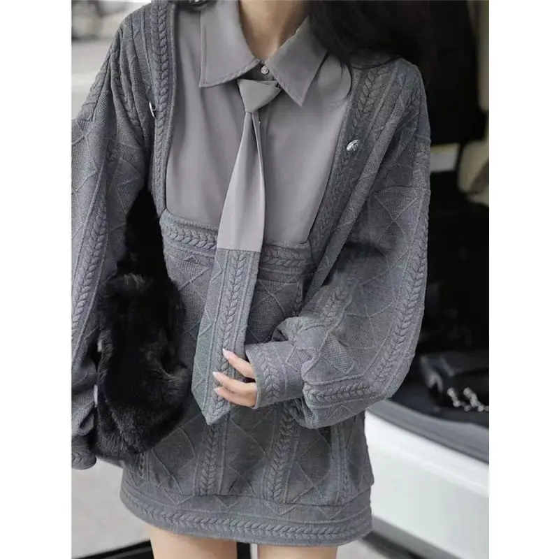 2023 Autumn Winter POLO Collar Long Sleeve Shirt Women Casual Loose Mid-length Jacquard Weave Fake Two Pieces Button Pullovers