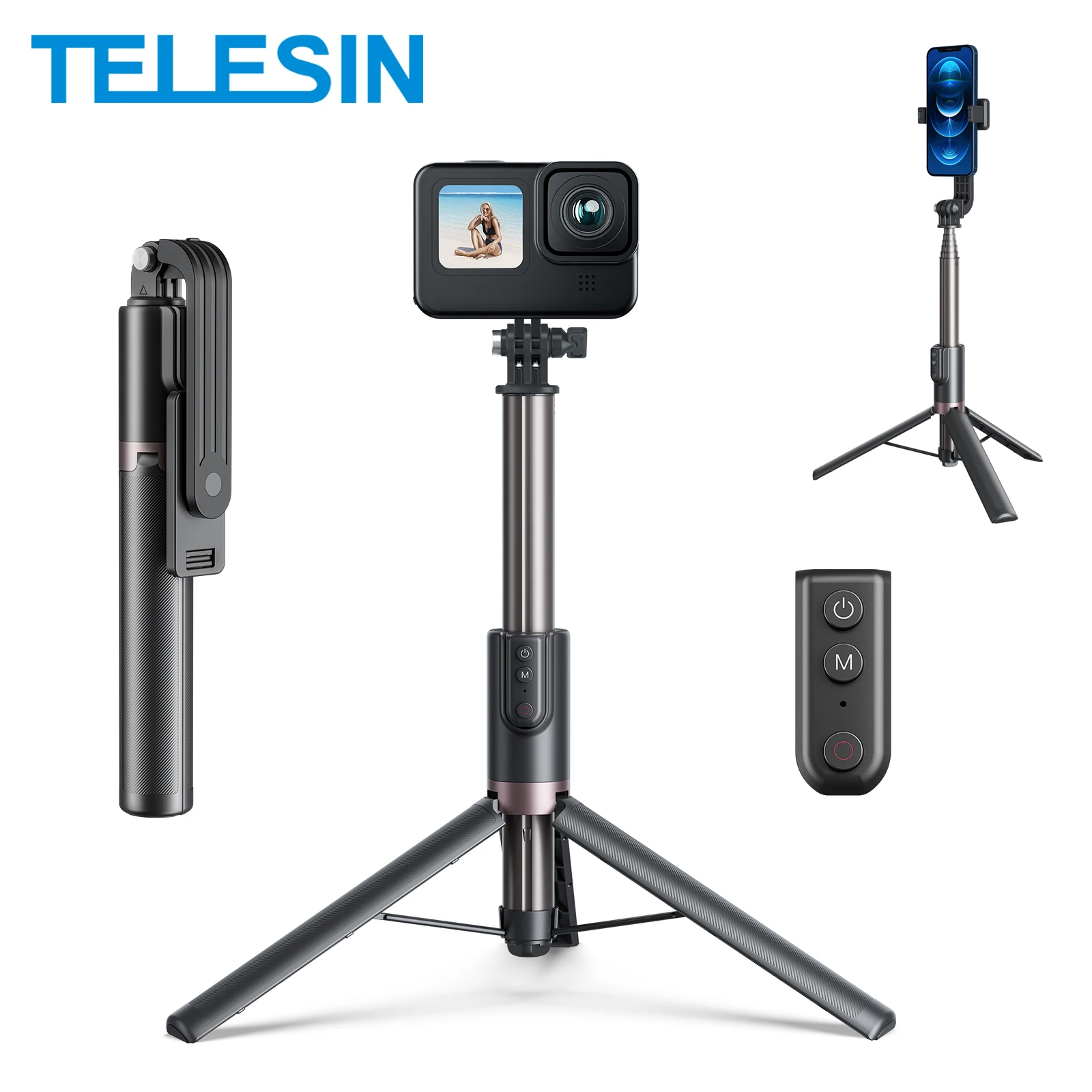 TELESIN 40M Wireless Bluetooth Remote Control for GoPro Hero 13 12 11 10 9 8 Max Vlog Selfie Stick Tripod For Smart phone