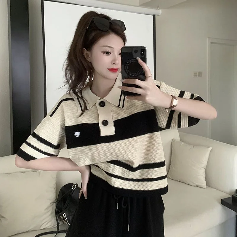 Women\'s Retro Striped Knitted Polos Short Sleeve T-Shirt Summer Breathable Casual Tee Vintage Breathable Women Clothes Crop Top