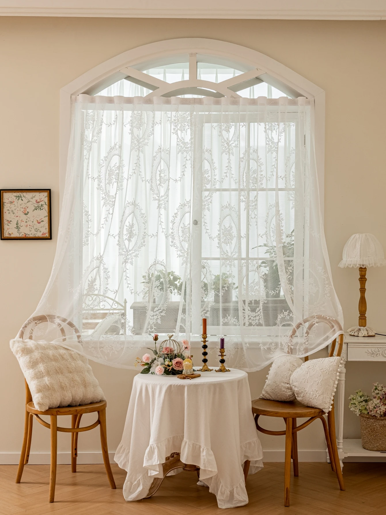 Lace Curtains White Flower Embroidered Single Panel No Drill Hook And Loop Fastener kitchen curtains Sheer Curtain Romantic