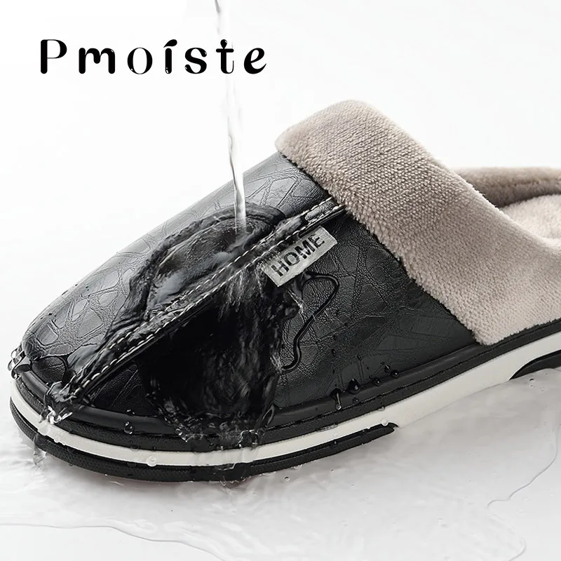 Furry Men Home Slippers PU Leather Winter Indoor Slippers with Fur Waterproof Massage Foam Male House Slipper Soft Plus Size 51