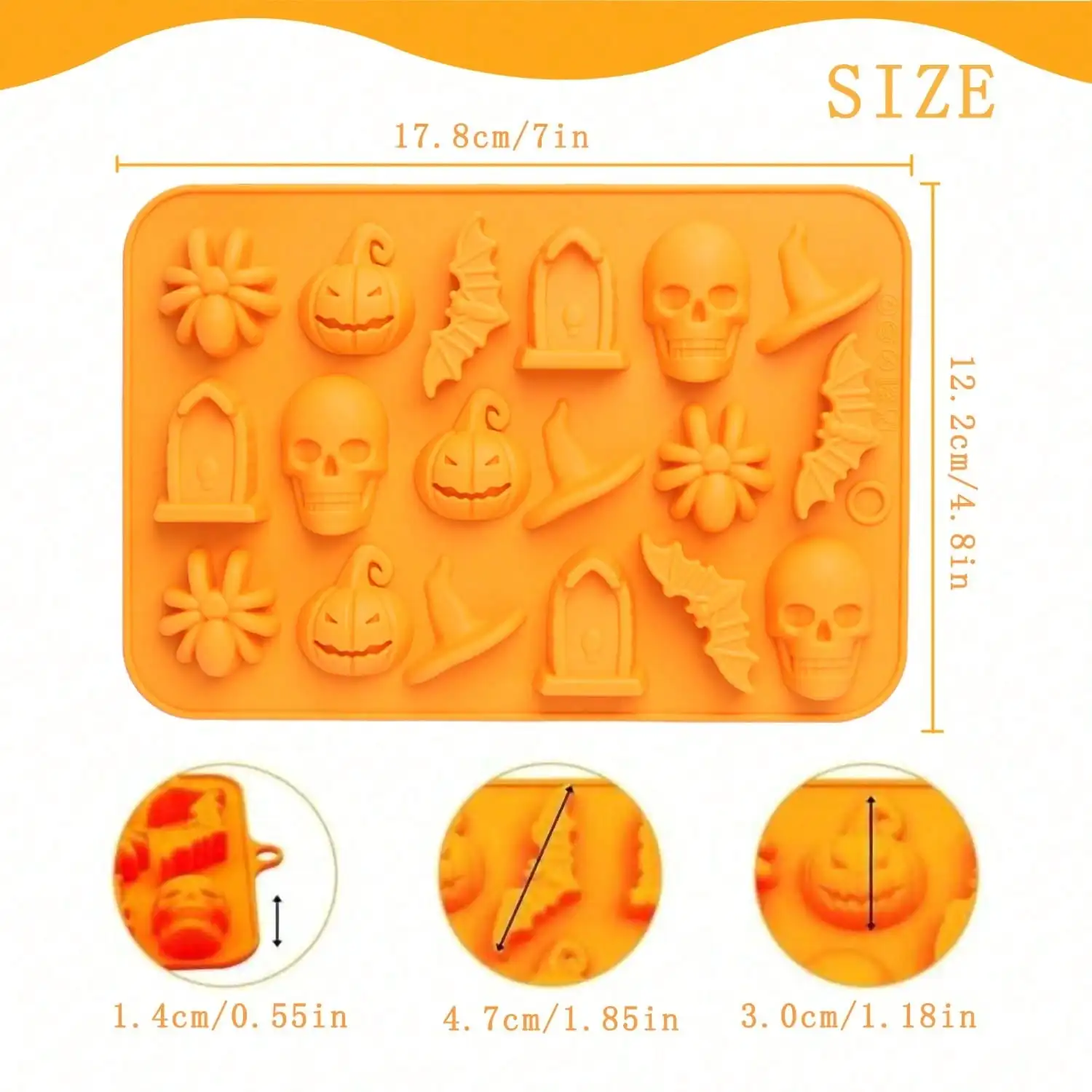 1-2PCS 18-Cavity Halloween Silicone Mold - Nonstick Orange Chocolate Candy Mold with Pumpkin Spider Bat Skull Tombstone, Baking