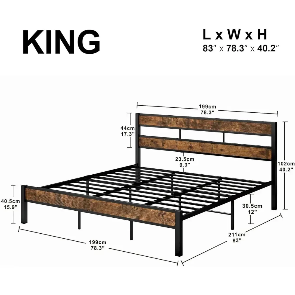 King Bed Frame, Easy Assembly, Noise-Free, No Box Spring Needed, Heavy Strong Metal Support Frames, Double-Row Support Bars