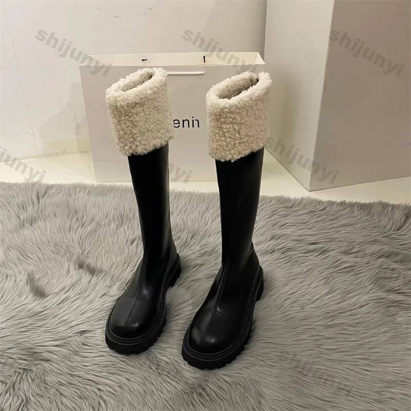

Women Winter New Soft Leather Knee Boots Ladies Fashion Outdoor Thick Soled Black Long Round Toe Knee-high Knight Boots Footwear