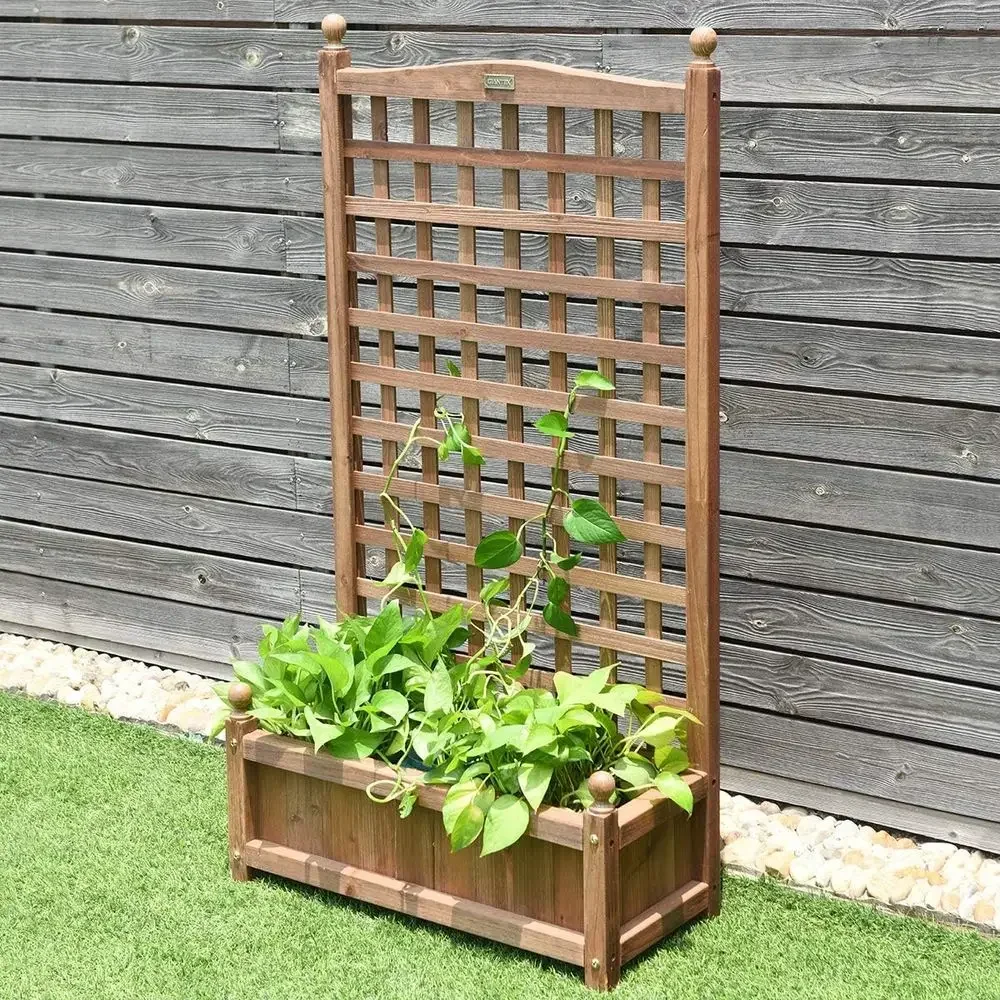 Pair of Wooden Planters with Freestanding Trellis for Garden or Yard (11 x 25 x 48)