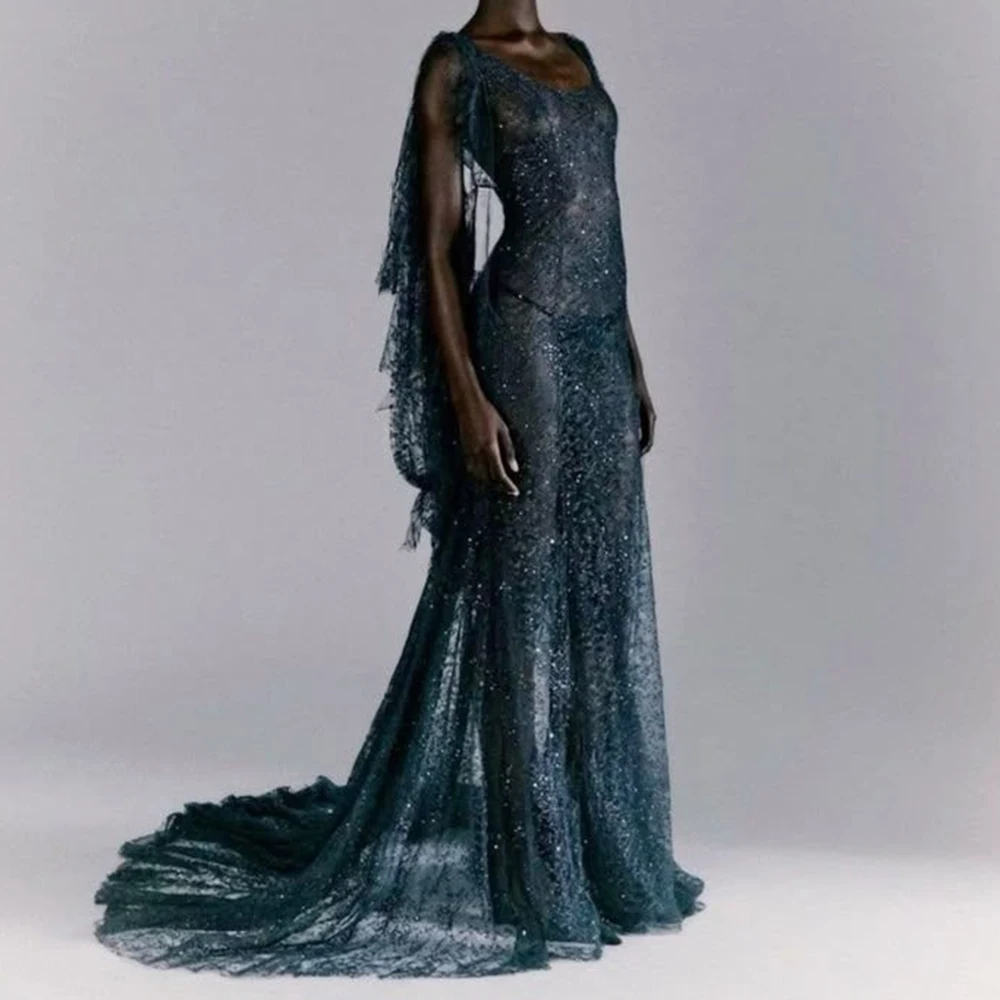 

Вечерние платья русалки по индивидуальному заказу, длиной до пола, с круглым вырезом, без рукавов, платье для выпускного вечера, модное кружевное простое драпированное вечернее платье с блестками