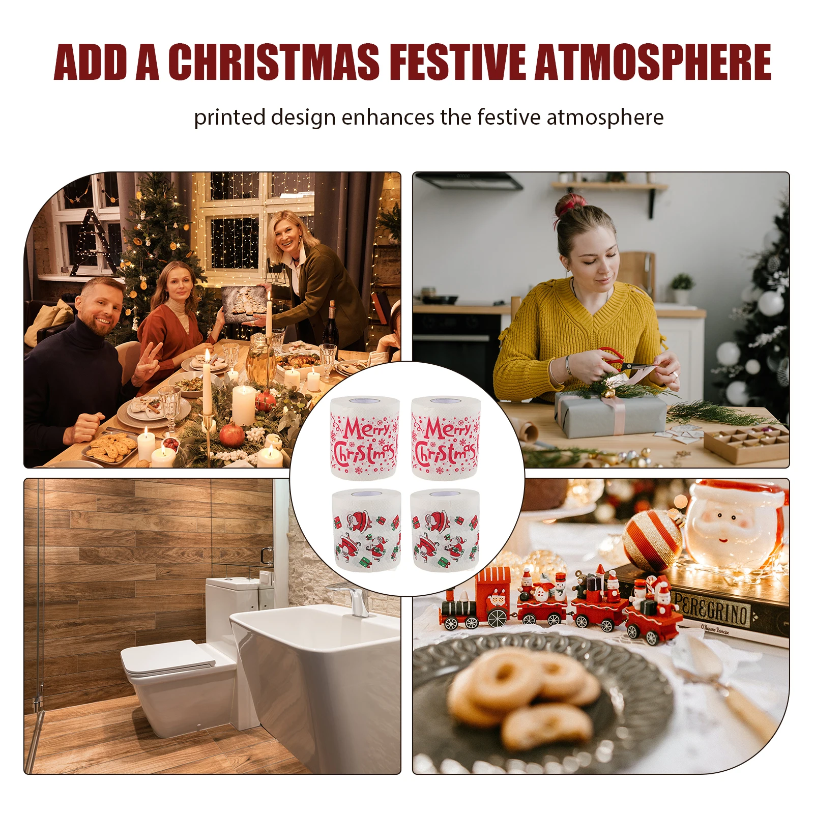 

4 Rolls Christmas Toilet Paper Thick Double Layer Merry Christmas Print Xmas Party Bathroom Decoration Facial Napkins Tissue